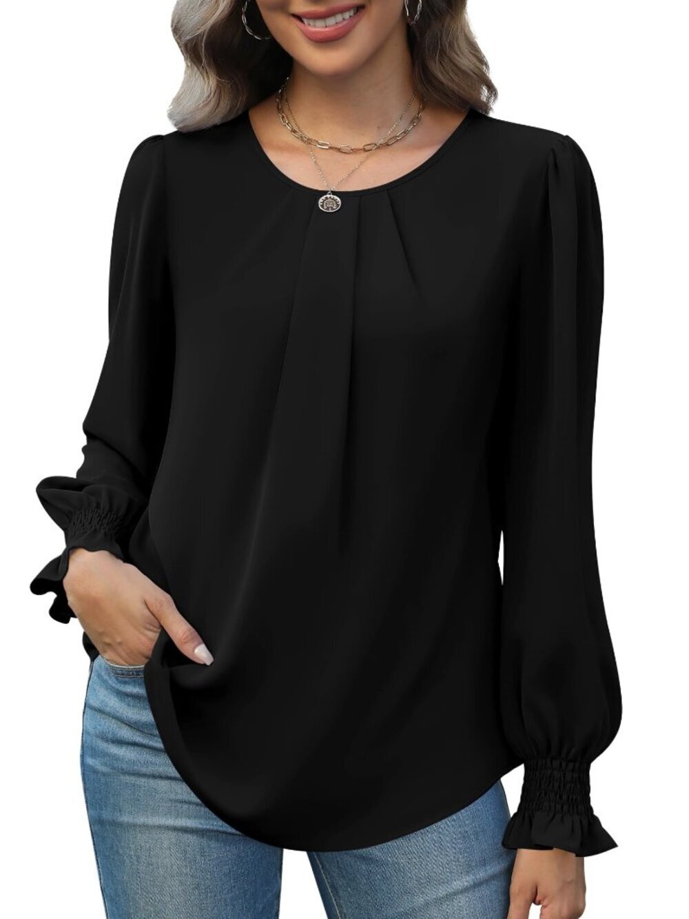 🆕 Womens Tops Dressy Casual Smocked Long Sleeve Shirts Pleated Crew Neck Loose